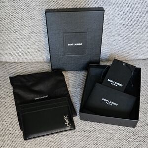 YSL Logo Smooth Black Leather Card Holder, Silver Hardware